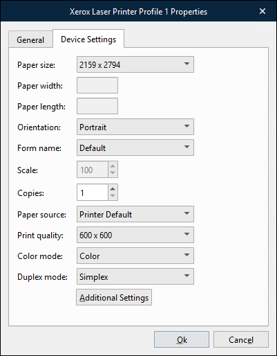 The Device Settings tab of the Printer Properties window.
